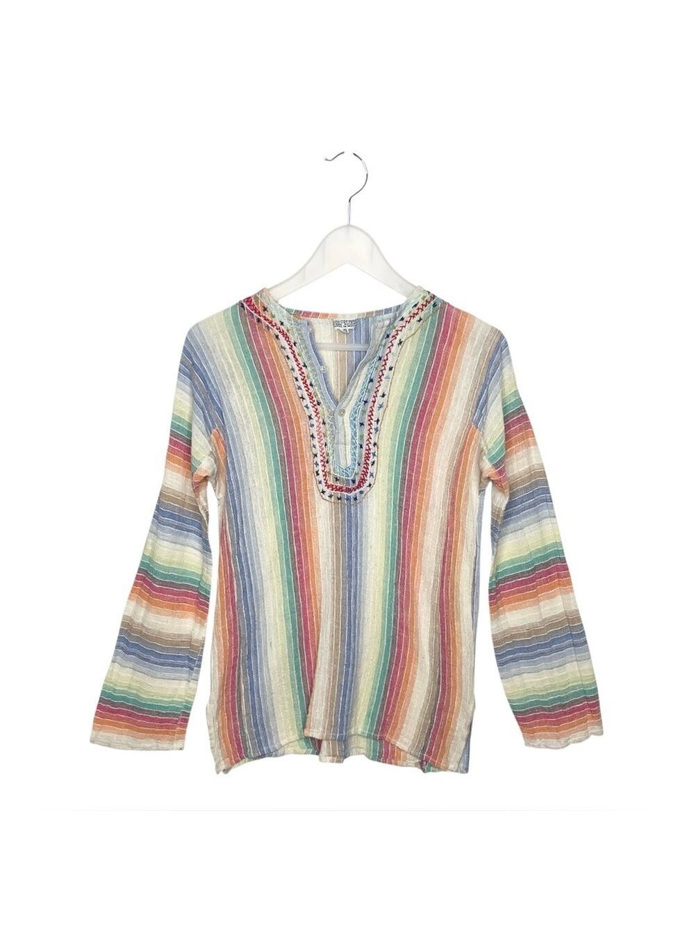 Vintage 70s Indian Cotton Gauze Embroidered Rainbow Peasant Top Size Small